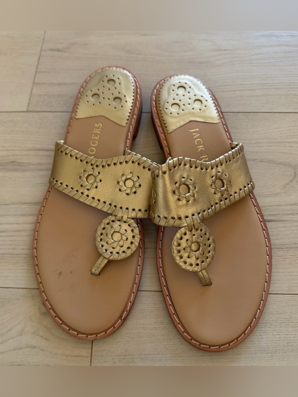 Jack Rogers Metallic Gold Leather Thong Sandals